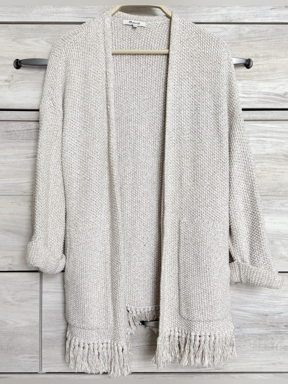 Madewell Memento Fringe Cardigan Sweater in Warm Stone Size Small